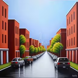 some cars driving down the road near red buildings,a painting shows a street with cars parked in front,this is a painting of some cars driving on the street,an oil painting of a street scene with parked cars,car on rainy street near buildings with green trees
