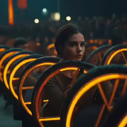 a woman standing in the middle of rows of yellow objects