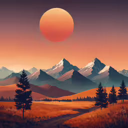 a painting that looks like mountains, trees and road,a painting of mountains and trees with the setting sun