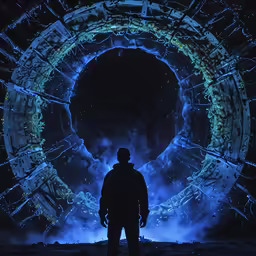 man standing in front of a big clock display at night