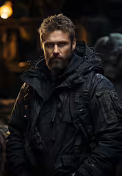 a man in black and a beard wearing a black coat,a man standing in a coat while wearing a beard