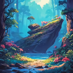 a digital painting of a pathway that goes through a mountain forest