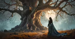 the woman in the long dress stands on a path under the giant tree