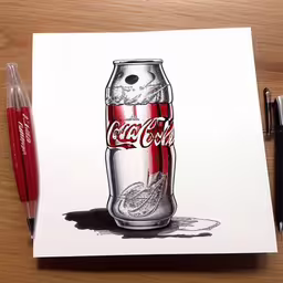a drawing of a bottle of coke sitting on top of a table,a drawing of a cola can on a white paper next to red markers