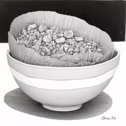 black and white photo of bowl with leaves and rocks