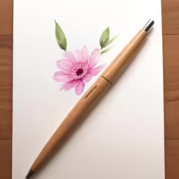 a piece of paper with an ink painting and a pen
