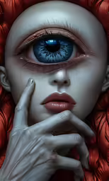 an image of the face of a woman with bright blue eyes