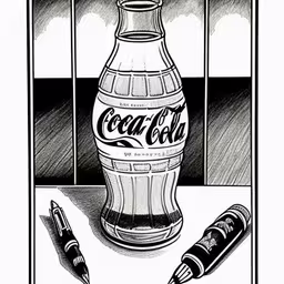 a drawing shows a coca cola bottle and two pens,a black and white image of a coca cola bottle with pens