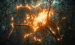 the tree has lots of branches with orange lights on it