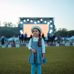 little girl in a dress and hat standing in front of the stage