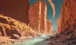 a river in between two rocky mountains with a river running between them