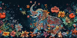 a picture of an elephant with flowers and leaves