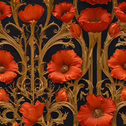an elaborate pattern with many red flowers