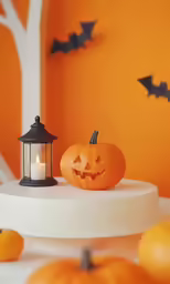 two pumpkins and a candle on a cake