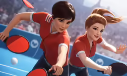 two women with ping pong paddles pose in front of the camera