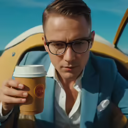 a man in glasses holding a coffee cup