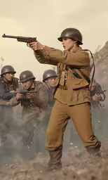 a military man aims a gun in the desert