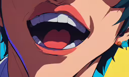 an open mouth shows its sharp teeth in an animated style,a very close up shot of a female mouth