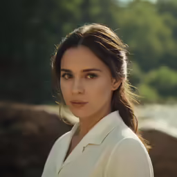 a woman is wearing a white suit with a black hair