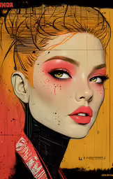 a woman with bright red lipstick and black body suit on, looking to her right