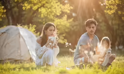 the two people sit by their tents on a sunny day