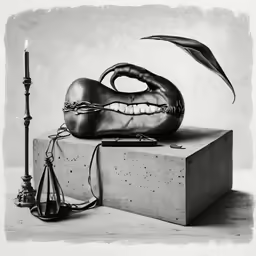 a candle with an alien head, light and a snake skin mask on a stone stand