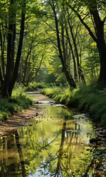 a body of water surrounded by trees and grass