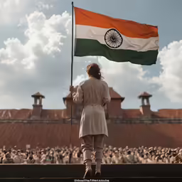the indian man is holding a flag by the water