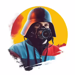 a person with a camera and a hat on