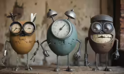 five sculptures of clocks on top of a wooden table