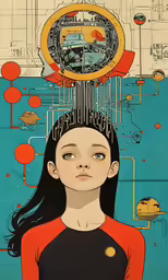 the illustration shows the woman with an open head and many wires over her