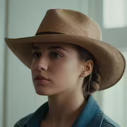 a young lady is wearing a hat and denim shirt