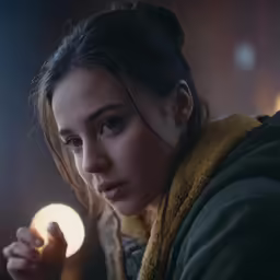 woman in jacket looking on as something is coming off of her finger