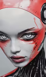 digital art of an alien female with a black hair and red eyes