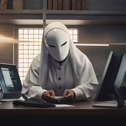 a person in a white mask using a computer