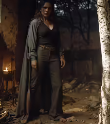 a woman wearing a gray outfit standing in a wooded area