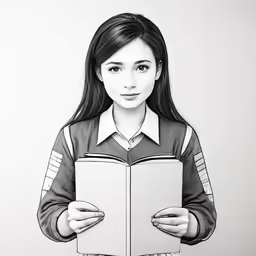 an adult black and white pencil drawing of a girl reading a book