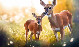 two baby deer stand in the sunlight on a green field
