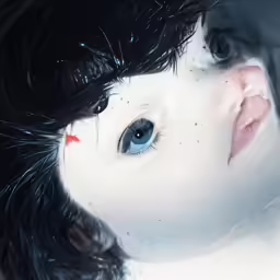 the baby doll is wearing black hair and looks over her shoulder