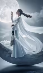 a woman is standing on a boat holding an object