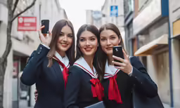 two beautiful women taking selfies on a street