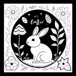 black and white illustration with bunny rabbit in a floral garden for easter greeting card