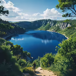 a person hiking on a path by the water