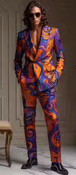 a man is standing in a suit wearing sunglasses,the man is posing wearing an orange blue red and black suit
