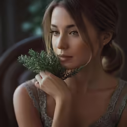 a close up of a person wearing dress holding a plant