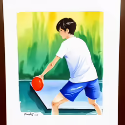 the boy in blue shorts and a white t - shirt is playing ping pong