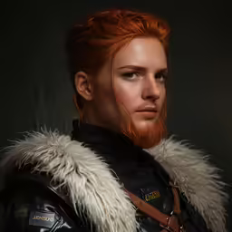 the redheaded woman in a leather jacket poses for a portrait