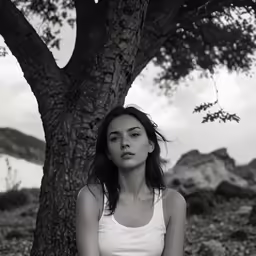 a woman sitting under a tree in a park