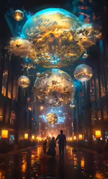people walking in a darkened space towards hanging lamps