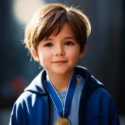 a young boy wears a medal and poses for the camera
